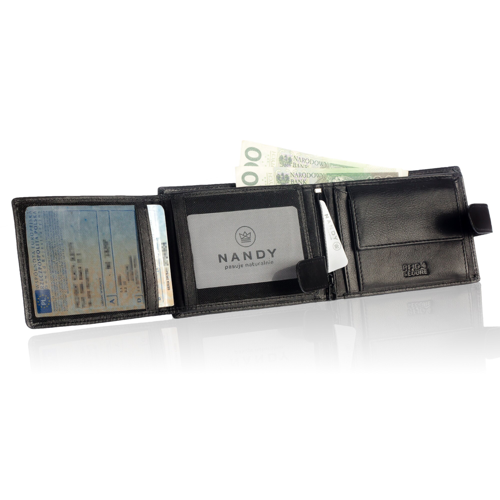 Portofel din piele naturala, Nandy, RFID, 9.5 x 12.5 x 2.5 cm, Negru