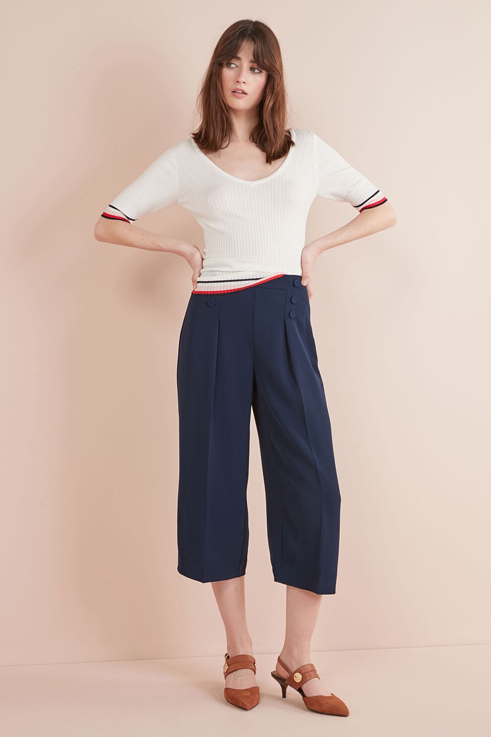NEXT, Pantaloni culotte cu nasture, Albastru marin, S-Extra Long