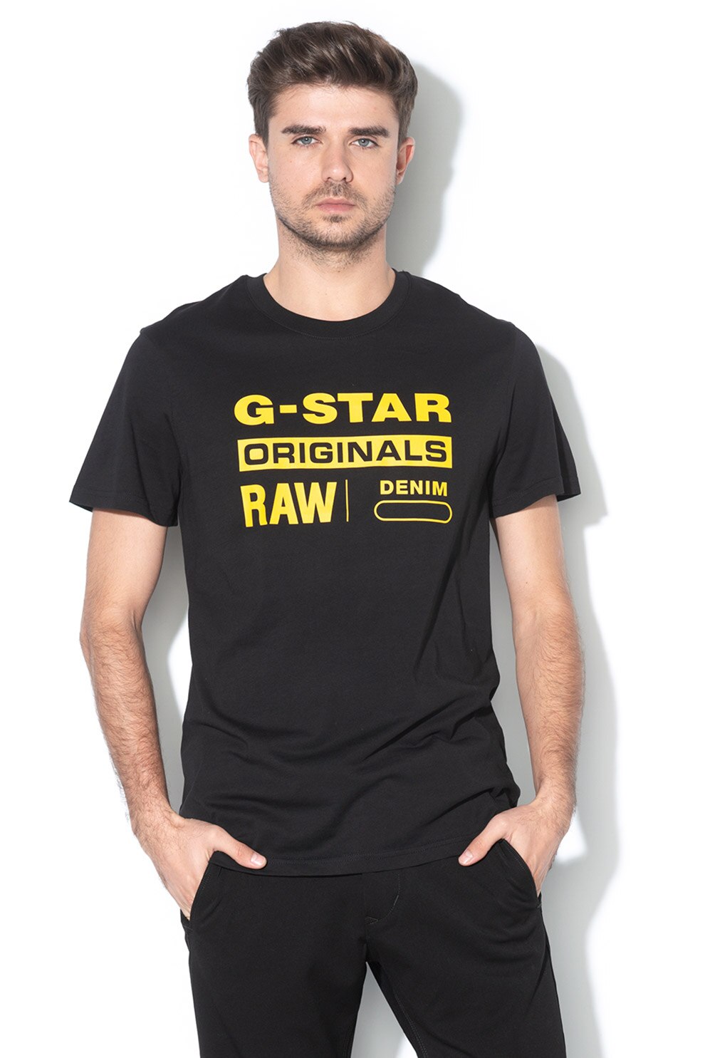 G-Star RAW, Tricou din bumbac organic cu imprimeu grafic, Negru/Galben