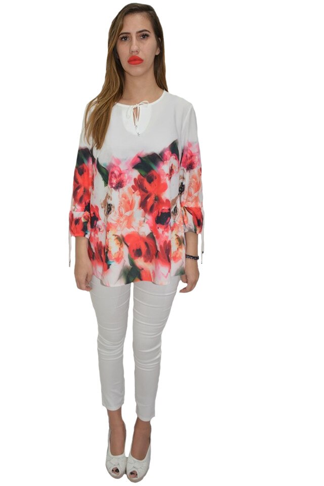 Bluza eleganta, maneci trei-sferturi, model floral, D&J Exclusive, Alb
