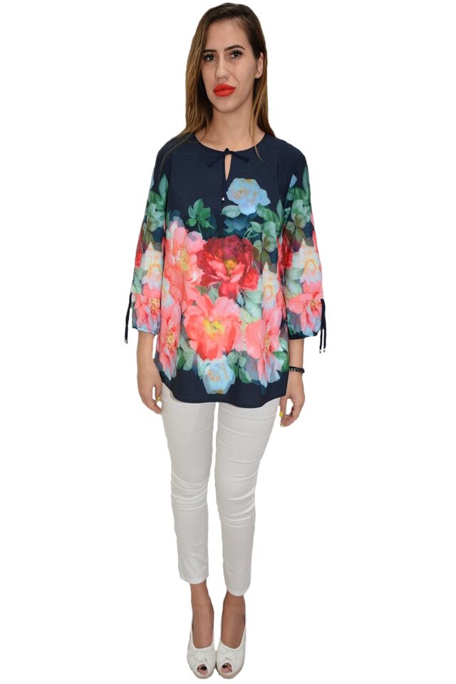 Bluza eleganta, model floral muticolor, maneci trei-sferturi, D&J Exclusive, Albastru marin