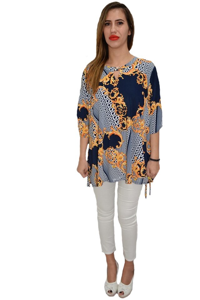 Bluza dama, casual, model abstract auriu, D&J Exclusive, Albastru marin