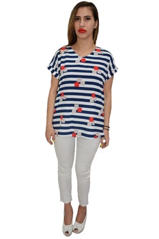 Bluza casual, cu design in dungi si ceva imprimeu de cuburi, D&J Exclusive, Alb-bleumarin Bluza casual, cu design in dungi si ceva imprimeu de cuburi, D&J Exclusive, Alb-bleumarin