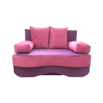 Canapea extensibila Junior, MobAmbient, Mov cu roz, material textil, extensie din plasa de arcuri tip relaxa, cu lada de depozitare, 2 perne si 2 cotiere incluse, 144 x 190 cm Canapea extensibila Junior, MobAmbient, Mov cu roz, material textil, extensie din plasa de arcuri tip relaxa, cu lada de depozitare, 2 perne si 2 cotiere incluse, 144 x 190 cm
