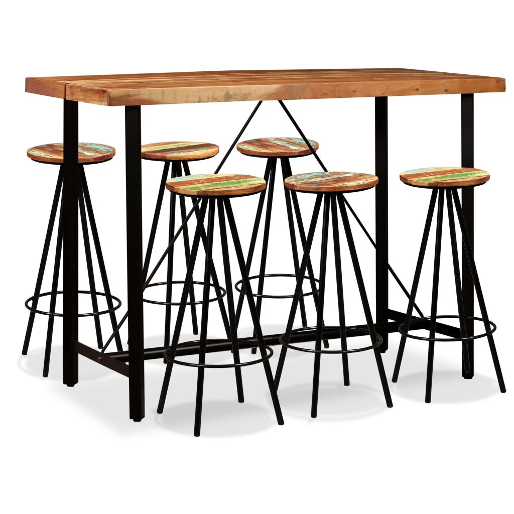 Set mobilier de bar, 3 piese, vidaXL, Maro, 150 x 70 x 107 cm, lemn reciclat si otel