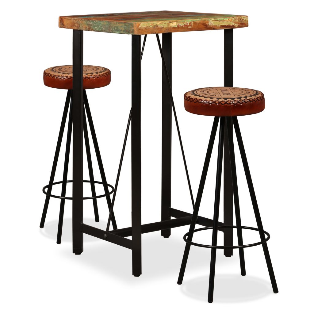Set mobilier de bar, 3 piese, vidaXL, Maro, 60 x 60 x 107 cm, lemn reciclat si otel
