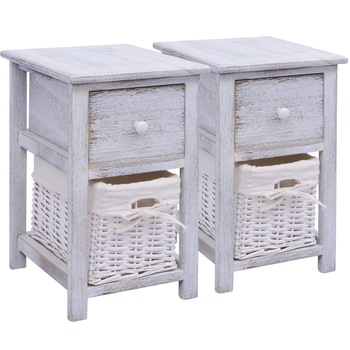 Set de 2 noptiere shabby chic din lemn su sertare si cosulete de impletite, vidaXL, alb, 28 x 31 x 45 cm Set de 2 noptiere shabby chic din lemn su sertare si cosulete de impletite, vidaXL, alb, 28 x 31 x 45 cm
