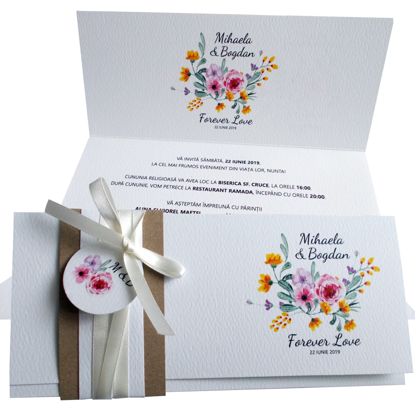 Invitatii nunta flori roz si galbene