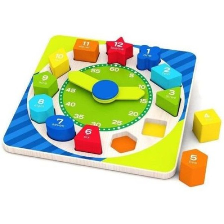 Ceas Montessori din lemn, cu forme geometrice, cifre, limba engleza