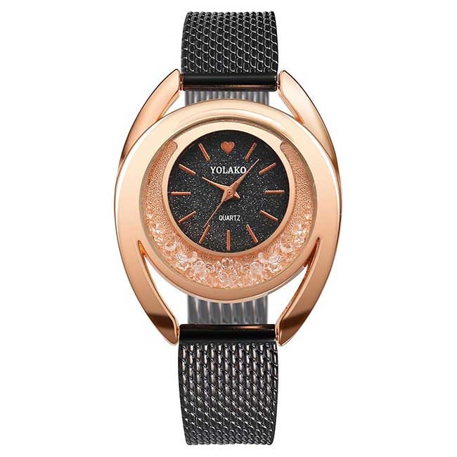 Ceas Dama Quartz Yazole Casual Elegant Negru-rose, CP9567NRE, curea din metal (mesh), afisaj analog
