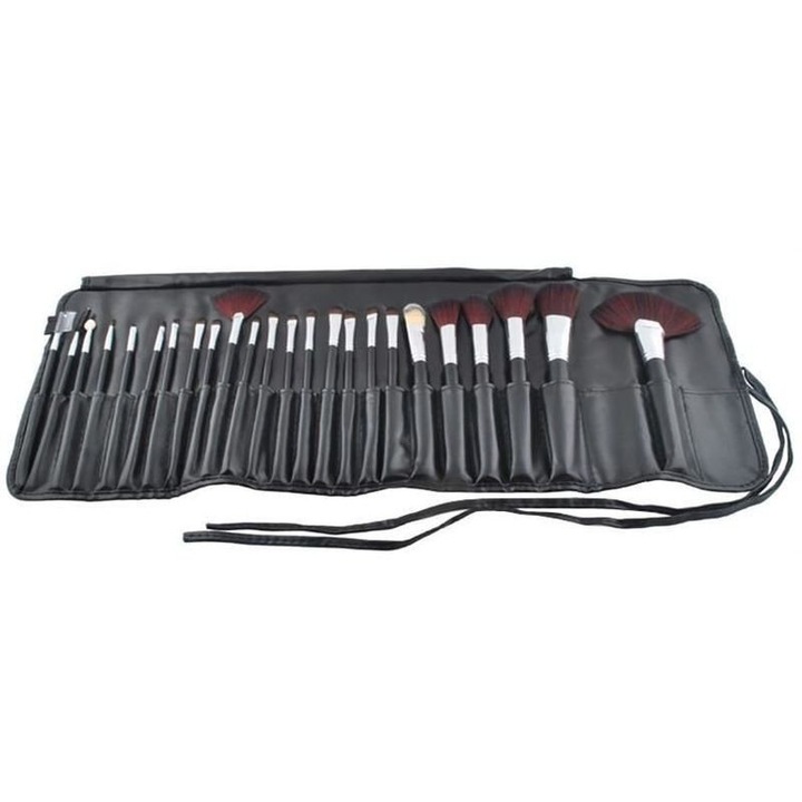 Set 24 pensule profesionale machiaj, MT Malatec, par sintetic, maner lemn, husa inclusa