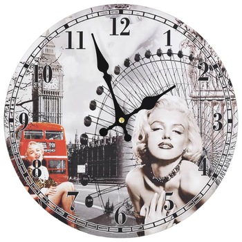 Ceas de perete cu aspect vintage Marilyn Monroe, vidaXL, MDF, 30 cm, Multicolor Ceas de perete cu aspect vintage Marilyn Monroe, vidaXL, MDF, 30 cm, Multicolor