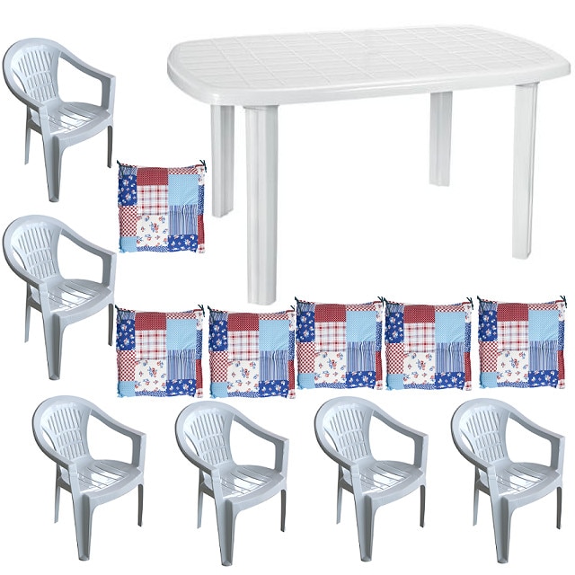 Set gradina RAKI NECOCHEA masa ovala 80x125 cm cu 6 scaune Carnaval culoare alba, 6 perne scaun