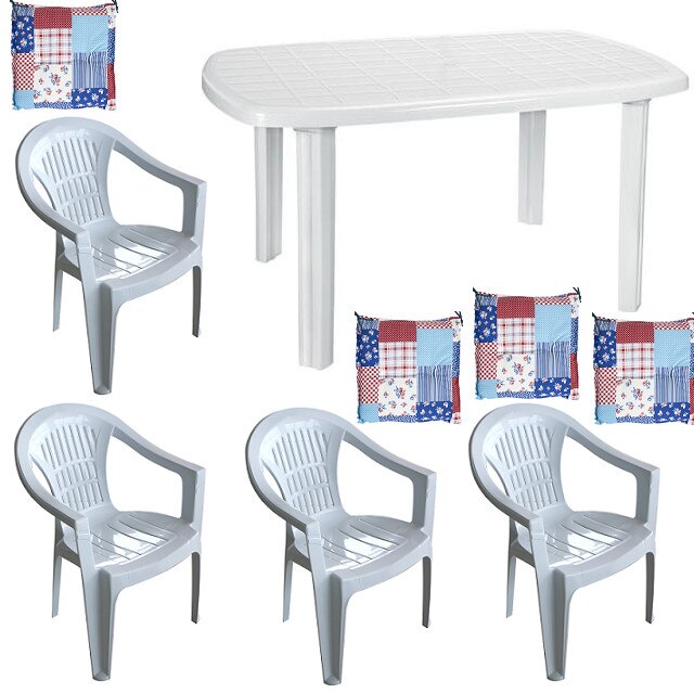 Set gradina RAKI NECOCHEA masa ovala 80x125 cm cu 4 scaune Carnaval culoare alba,perne scaun