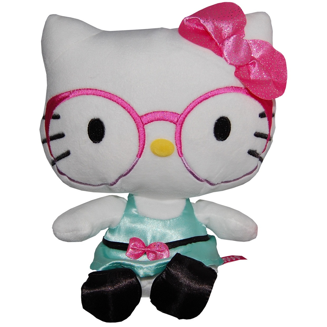 Jucarie din plus Hello Kitty cu ochelari si rochie vernil, 23 cm