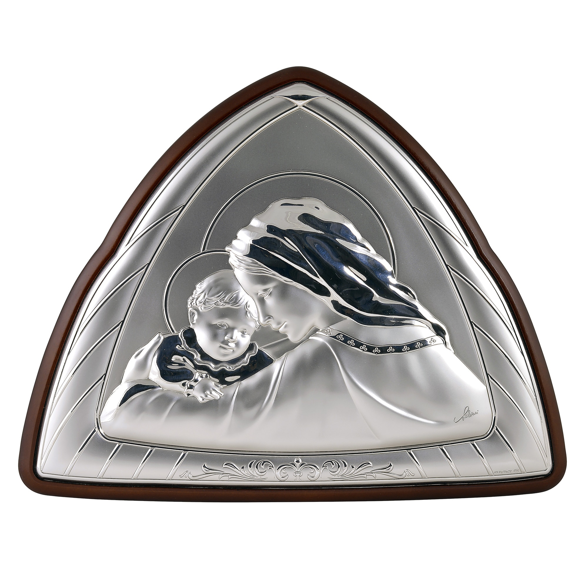 Icoana placata cu argint - Fecioara Maria cu Iisus in brate - Furnir, Triunghi, Orientare stanga, 3/5