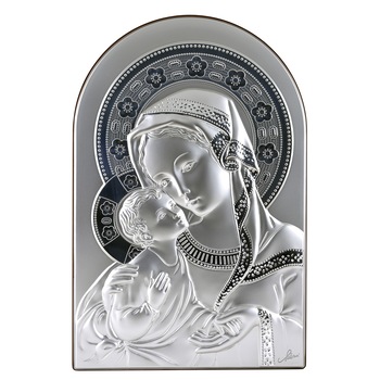 Icoana placata cu argint - Fecioara Sfanta cu pruncul Iisus - Flori Roz, Arcada, Finisaj lemn alun, 2/5 Icoana placata cu argint - Fecioara Sfanta cu pruncul Iisus - Flori Roz, Arcada, Finisaj lemn alun, 2/5