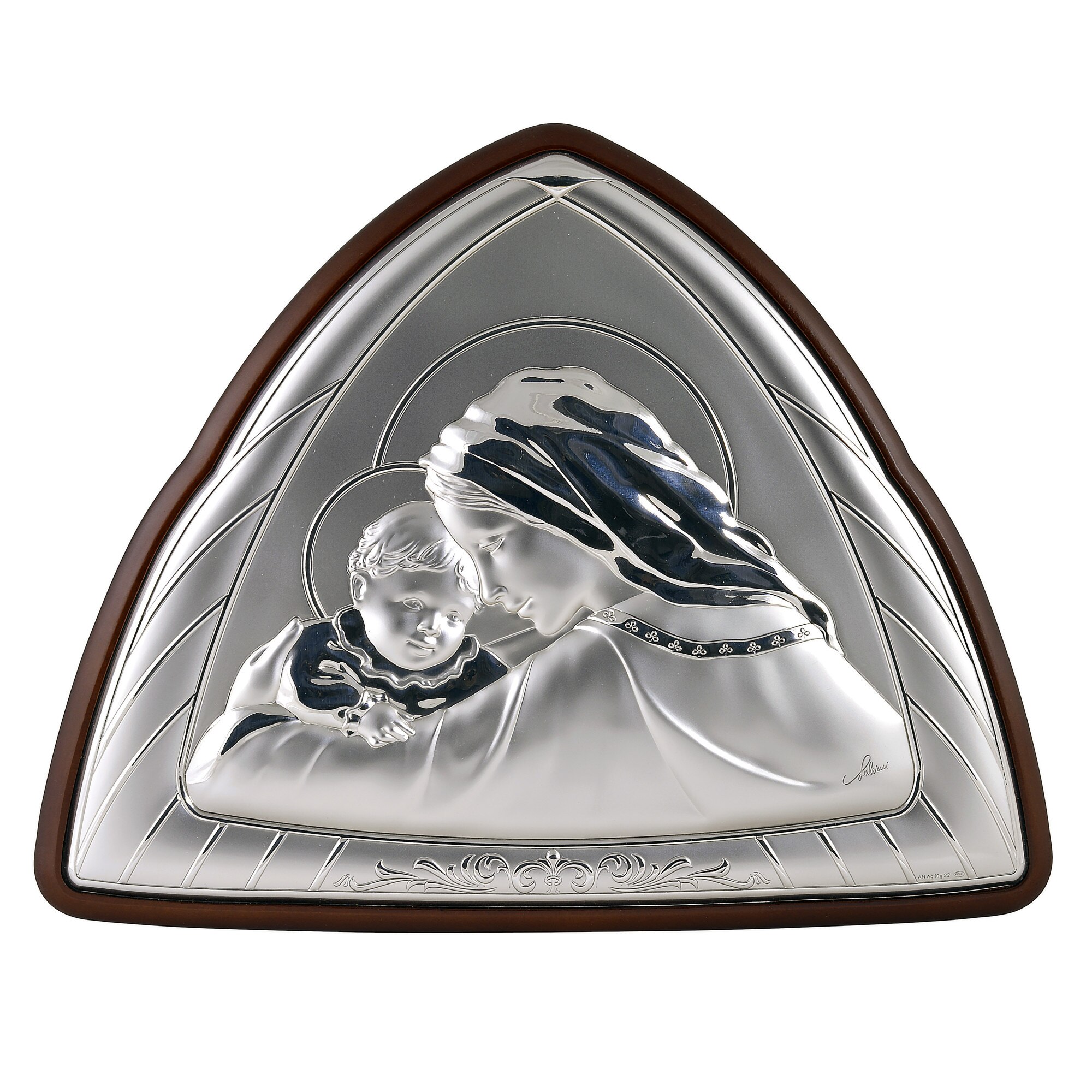 Icoana placata cu argint - Fecioara Maria cu Iisus in brate - Furnir, Triunghi, Orientare stanga, 2/5