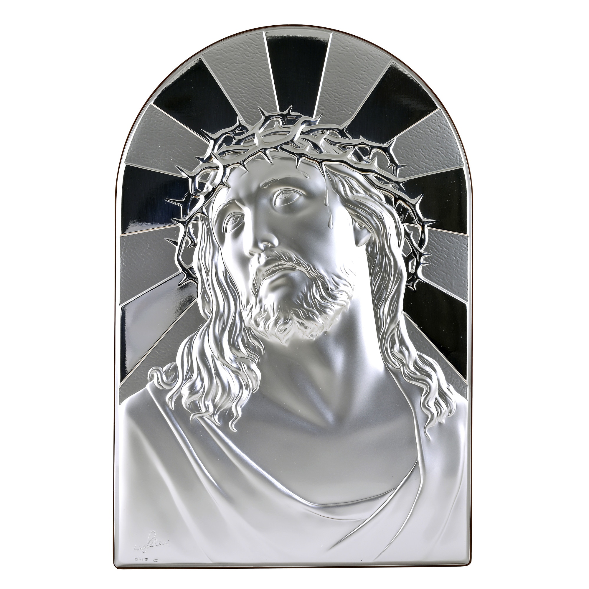 Icoana placata cu argint - Iisus cu coroana de spini - Raze, arcada, finisaj lemn alun, 3/4