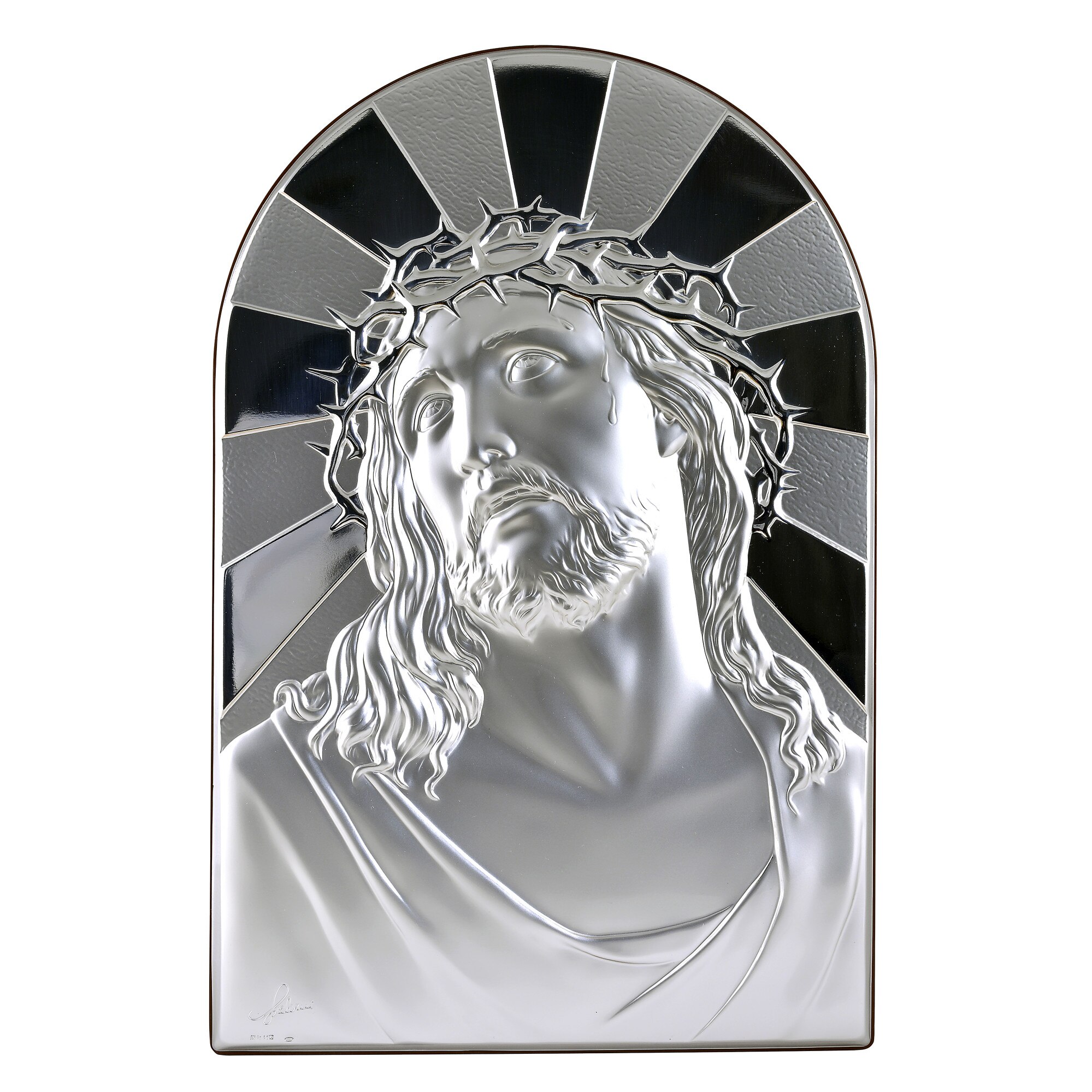 Icoana placata cu argint - Iisus cu coroana de spini - Raze, arcada, finisaj lemn alun, 32x22 cm, 4/4