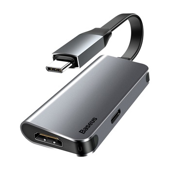 Adaptor Baseus , de la USB-C la HDMI + port USB-C , gri Adaptor Baseus , de la USB-C la HDMI + port USB-C , gri