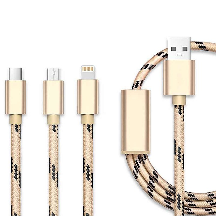 3 az 1-ben Lightning micro USB Type-C töltőkábel, kompatibilis az Apple, Gold, BBL769 típusokkal