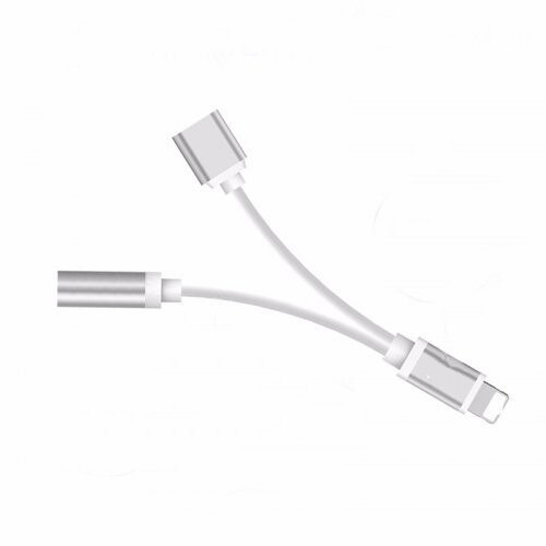 Adaptor 2in1 compatibil cu iPhone, iPad, 3,5 mm jack, Lighthing, casti si charger, Bibilel, Silver, BBL779