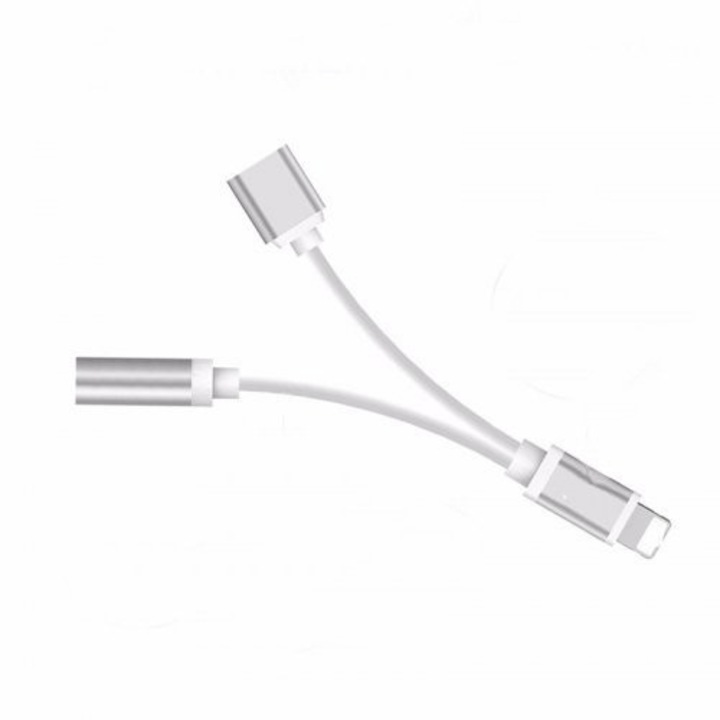 Adaptor 2in1 compatibil cu iPhone, iPad, 3,5 mm jack, Lighthing, casti si charger, Bibilel, Silver, BBL779