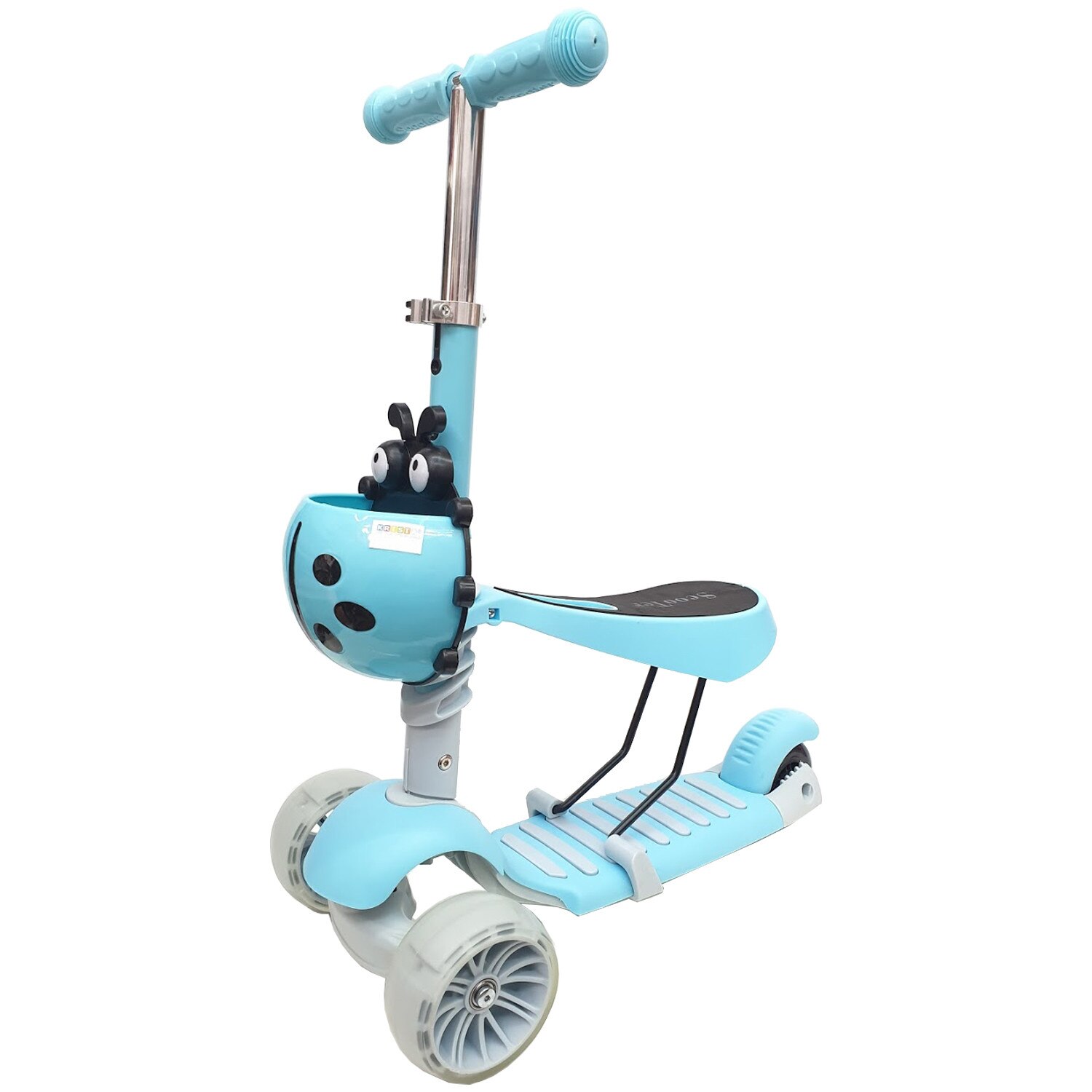 Trotineta 3 in 1, roti late din silicon cu lumini, inaltime reglabila, bleu pastel - Krista®