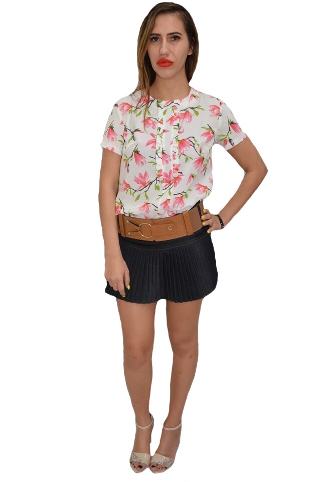 Fusta scurta, moderna, aspect creponat,curea lata maro,D&J Exclusive, Albastru marin