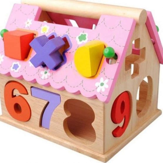 Casuta din lemn educativa cu activitati, sortator forme, cifre