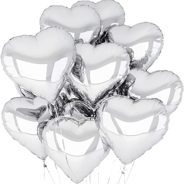 Фолиеви балони It's Party Time, Форма на сърце, Комплект от 5 балона, Диаметър 45 см, Сребрист цвят