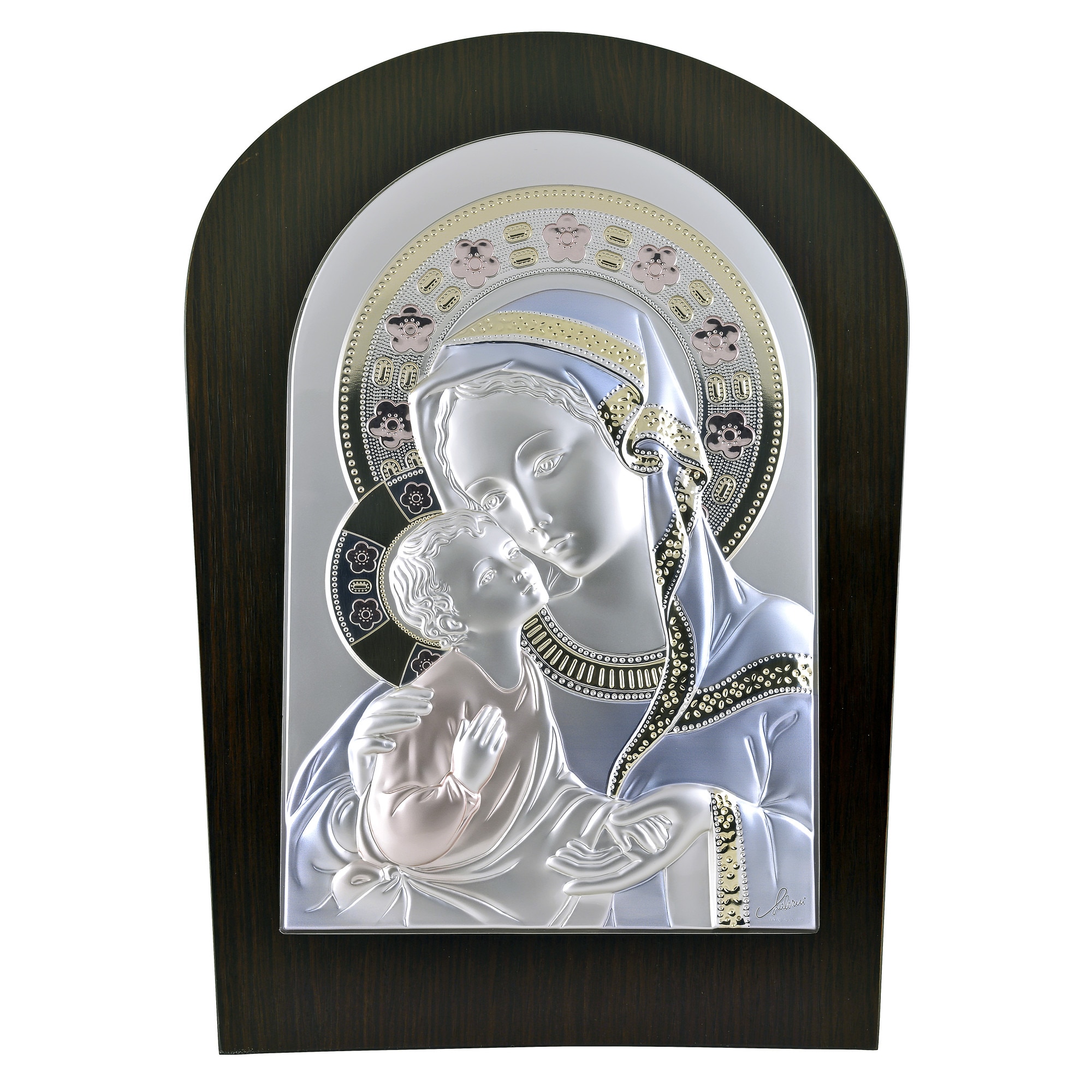 Icoana placata cu argint in lemn de culaore neagra, pictata manual - Maria cu pruncul - Flori Roz, Arcada, 39x27 cm, 3/3