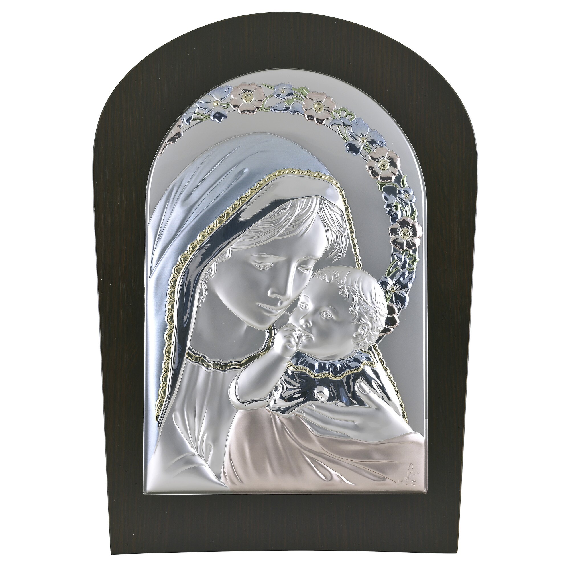 Icoana placata cu argint in lemn de culoare neagra, pictata manual - Maria cu pruncul - Ghirlanda flori, Arcada, 18x13 cm, 1/3
