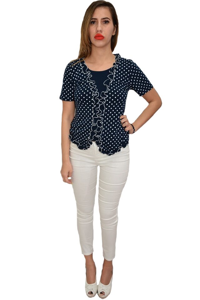 Tricou casual,cu fodre si imprimeu de buline albe,D&J Exclusive, Albastru marin