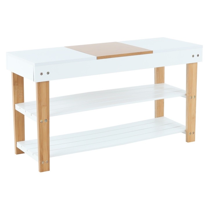 Pantofar hol, suport/bancuta , alb/bambus, design exclusivist, 80x45x30 cm