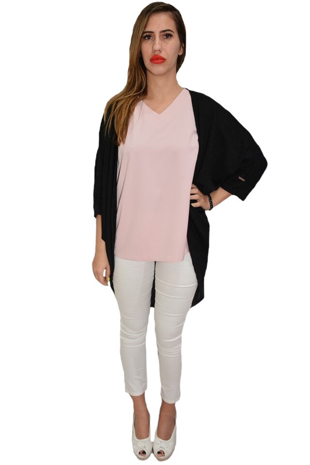 Bluza trendy, maneca trei sferturi, fara nasturi, D&J Exclusive, Negru