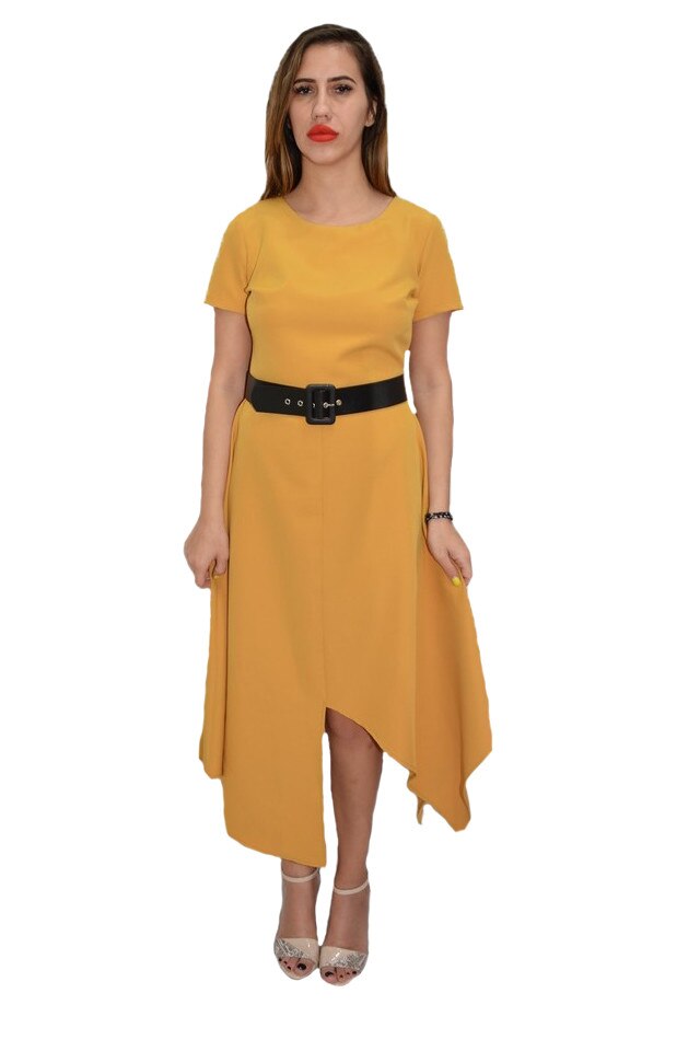 Rochie rafinata, asimetrica, curea neagra in talie, D&J Exclusive, Galben