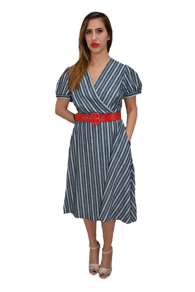 Rochie casual, cu dungi fine albe, curea rosie lata in talie, D&J Exclusive, Albastru marin