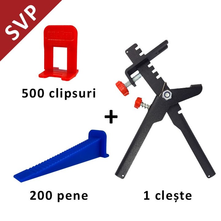 Pachet sistem nivelare gresie SVP - 500 clipsuri 1,5mm + 200 pene + cleste