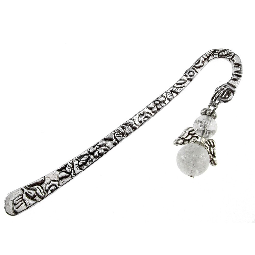 Semn de carte ingeras cuart de stanca, GlamBazaar, 8 cm x 18 mm, cu Cuart de stanca, Alb, tip semn de carte metalic