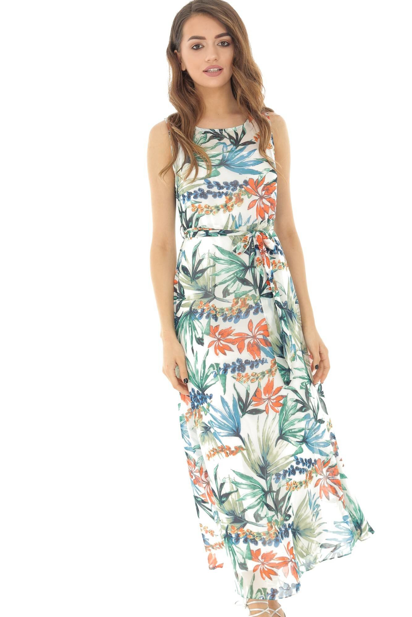 Rochie maxi, crem, cu imprimeu tropical