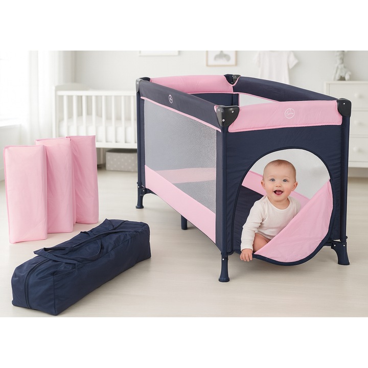 Patut Turistic pliabil Ideal Travel, ideal pentru calatorii dar si patut traditional, design solid si elastic, constructie solida in 7 puncte, material premium, saltea moale si pliabila, geanta transport inclusa culoare roz