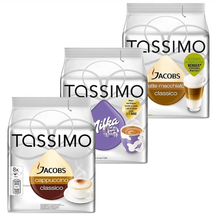 Комплект от 3 х опаковки капсули Jacobs Tassimo Cappuccino, Milka, Latte Macchiato 24 напитки