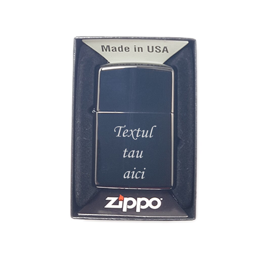 Bricheta metalica Zippo chrome high polish neagra personalizata cu textul tau