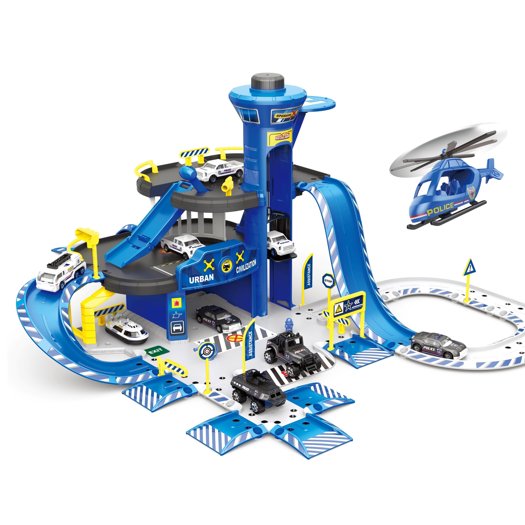Set de joaca stil complex IDL Police Parking, Include 74 de Piese cu accesorii simbolice: Elicopter, Maisnute, Hovercraft metalic, Lift, Semene de circulatie, Semafoare, Bariere si Autocolante, Garanteaza ore intregi de distractie si amuzament