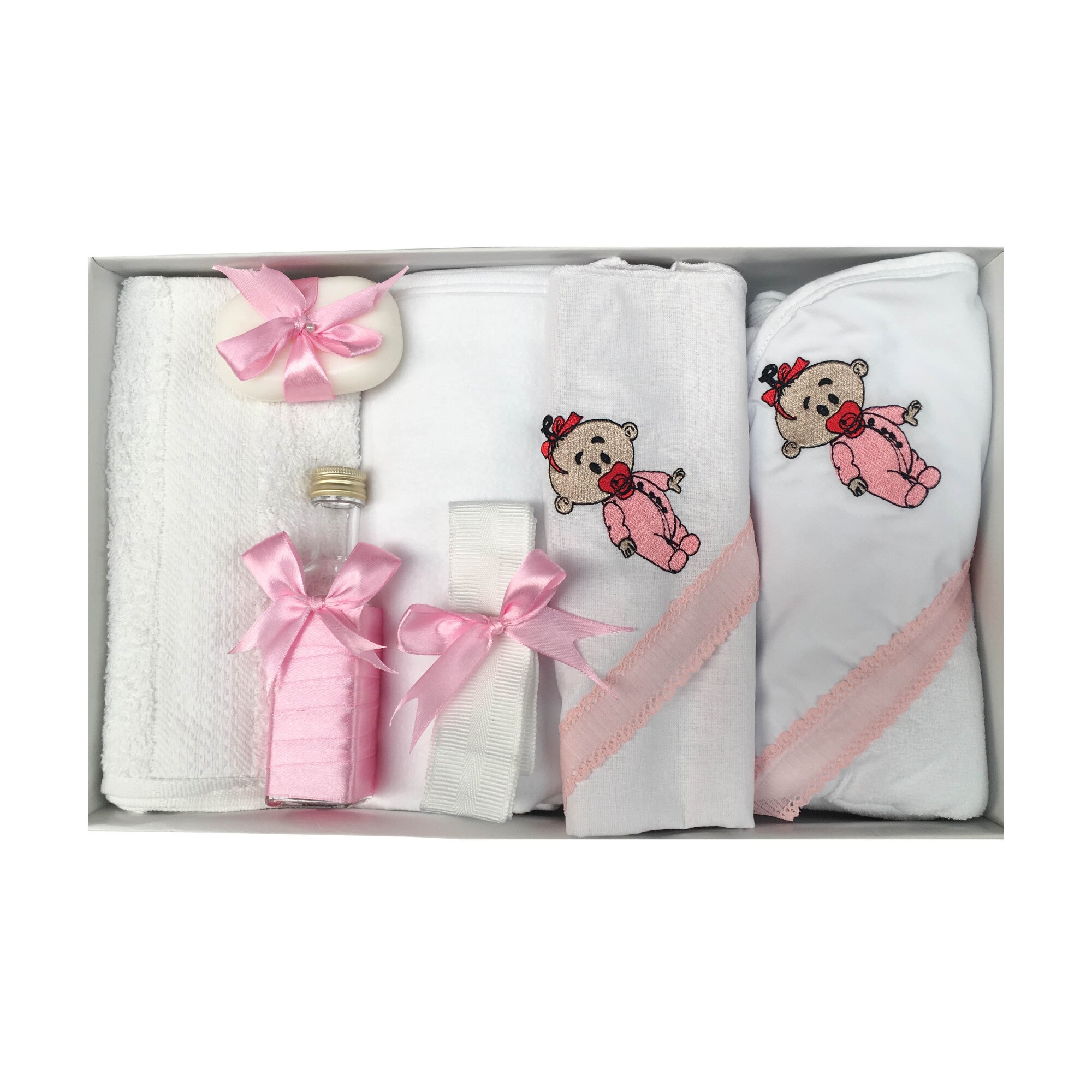 Trusou Botez Brodat Baby Pink,7 piese ,Alb / Roz