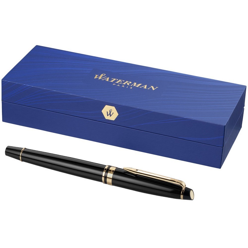Pix roller cu pasta neagra, Waterman Expert, metal lacuit, negru, auriu, breloc inclus din piele ecologica si metal