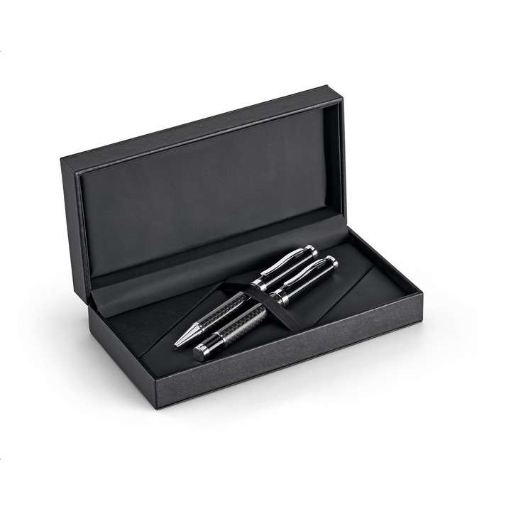 Set 2 pixuri metalice, cutie cadou din piele ecologica, Everestus, CS, metal si fibra de carbon, negru, lupa de citit inclusa