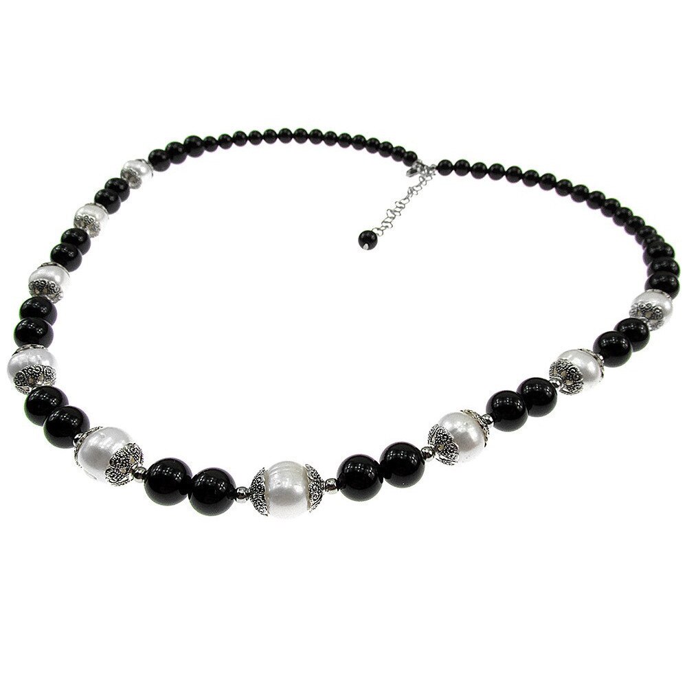 Colier onix cu perle de cultura, GlamBazaar, 53 cm, cu Onix, Perle, Negru, Alb, tip colier handmade cu pietre naturale